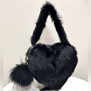Black Premium Shearling Leather Heart Shaped Bag & 2 Straps & Fox Fur Ball Charm